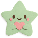 A cute mint-colored star character with a smiling face holding a pink heart.