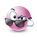 A pink spherical character with a skeptical expression peering over dark sunglasses.