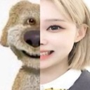 A split image showing a cartoon dog face on the left and a smiling human face on the right.