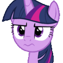 A purple pony with a dark blue mane and a horn looking suspicious with a furrowed brow.