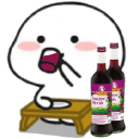 A round white cartoon character sitting at a small table and chugging from a bottle of dark liquid.