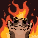 A brown cat with a smug expression standing with its paws up in front of bright orange and yellow flames.