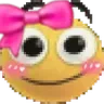 A yellow smiley face with wide eyes, a small smile, and pink blushing cheeks, wearing a large pink bow on its head.
