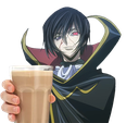 Lelouch from Code Geass holding out a glass of chocolate milk with a smirk.