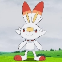 Scorbunny standing upright with a cheerful expression on a grassy field.