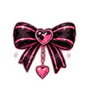 A black ribbon bow with a pink heart center and a dangling heart charm.