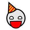 A white smiley face with a wide red grin and a yellow and red striped party hat.