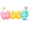 The word woof written in rounded, pastel-colored 3D letters decorated with a small yellow star and a pink heart.