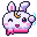 A cute white pixel art bunny with a gold crescent moon on its forehead waving its paw.