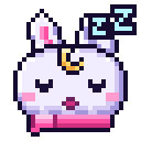 A small purple rabbit with a yellow moon on its forehead sleeping with Z symbols floating above its head.