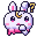 A white pixel art bunny with a crescent moon on its forehead, looking confused with a question mark floating above its head.