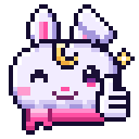 A white pixel art bunny with a crescent moon on its forehead gives a thumbs up with a sparkling effect.