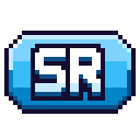 A blue pixelated button with the white letters SR centered inside.