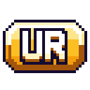 A golden pixel art badge with the letters UR in a bold white font.