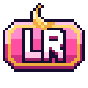 A pink pixelated button with the white letters LR and a yellow crescent moon on top.