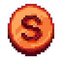 A pixelated orange coin with a dark red letter S in the center.