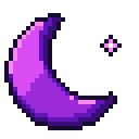 A purple crescent moon with a small glowing star next to it in pixel art style.