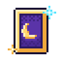 A pixel art card with a purple background and a golden crescent moon, surrounded by small glowing sparkles.