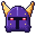Knight helmet with purple metal, golden horns, and glowing red eyes.