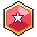 A hexagonal badge with a gold border and a pink background featuring a white star in the center.