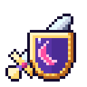 A purple shield with a pink crescent moon and a small sword in a pixel art style.