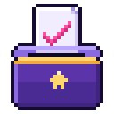 Ballot box with a yellow star icon receiving a white document marked with a pink checkmark.