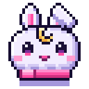 A cute white bunny with a gold moon on its forehead happily bouncing up and down.