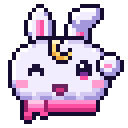 A small white bunny with a gold crescent moon on its forehead waves its hand while smiling happily.