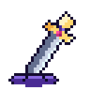 A golden-hilted sword being thrust into purple ground, ending with a magical star sparkle.