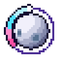 A gray moon sphere rotates inside a colorful ring in a pixel art animation.