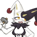 A jester character with a white and black hat looks annoyed while holding a small hammer.
