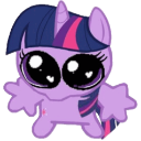 A small purple pony with a dark blue mane and oversized eyes filled with hearts looking forward.
