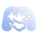 A blue pixelated game controller character with a mischievous expression.