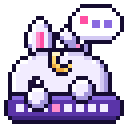 A white bunny with a crescent moon on its head typing on a purple keyboard with a speech bubble above its head.