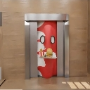 An elevator door opening to reveal a character holding a tray with food.