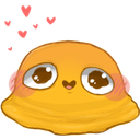A yellow blob creature with large sparkling eyes and pink blushing cheeks, melting downwards with a happy expression.