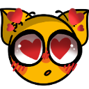 Cat face with heart-shaped eyes and blushing cheeks expressing deep love.
