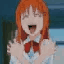 Anime girl with orange hair laughing with her arms crossed over her chest.