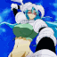 Anime character with blue hair and a skull helmet undergoing a rapid transformation sequence.