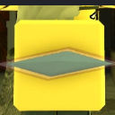 Yellow block with a centered blue diamond emblem outlined in gold.