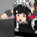 Anime maid with red eyes and black hair looking at a computer screen with a shocked expression.