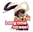 Anime character gesturing with a text overlay that says Long time no see!