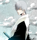 Anime swordsman with silver hair looking sideways with a calm and confident expression.