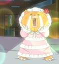 Red panda in a frilly pink and white dress with a shocked expression and mouth wide open.