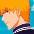 Ichigo Kurosaki with orange hair looking to the side with a suspicious and judgmental expression.