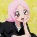 Yachiru Kusajishi with pink hair resting her head on her hand and smiling with a blush.