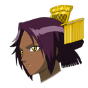 Yoruichi Shihouin with purple hair and a gold hairpiece looking to the side with a serious expression.