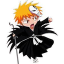 Ichigo Kurosaki in a chibi anime style wearing a mask and black cloak while throwing a punch.
