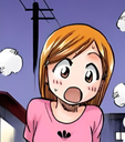 Anime girl with orange hair and a pink shirt looking shocked with wide eyes and an open mouth.