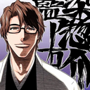 Sosuke Aizen with a smug expression and glasses looking directly at the viewer.